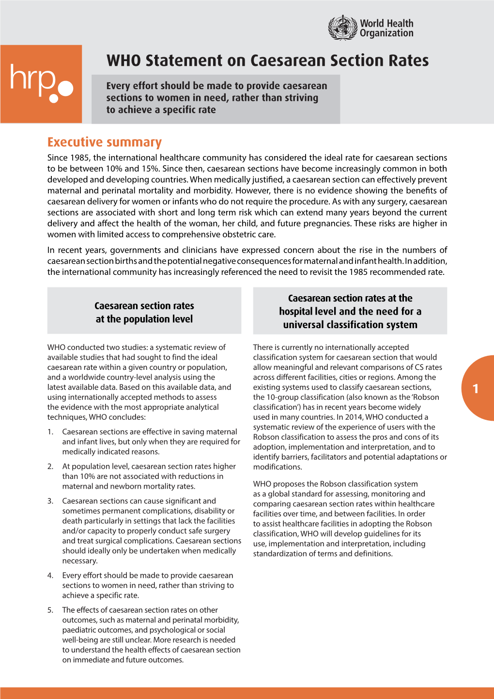 WHO Statement on Caesarean Section Rates