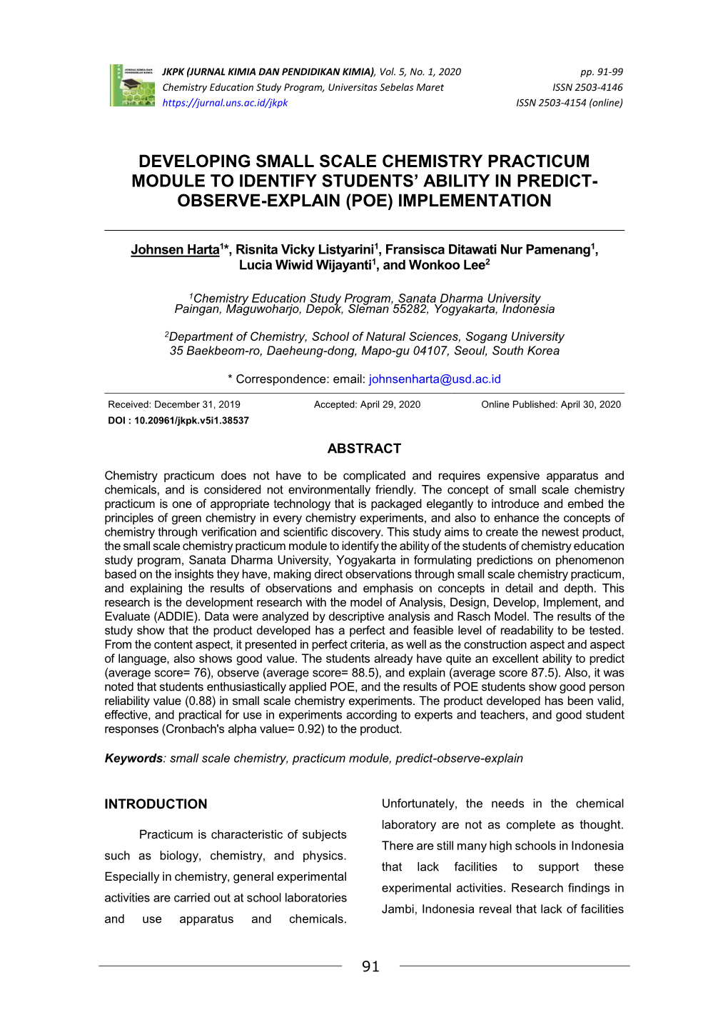 Developing Small Scale Chemistry Practicum Module to Identify Students’ Ability in Predict- Observe-Explain (Poe) Implementation