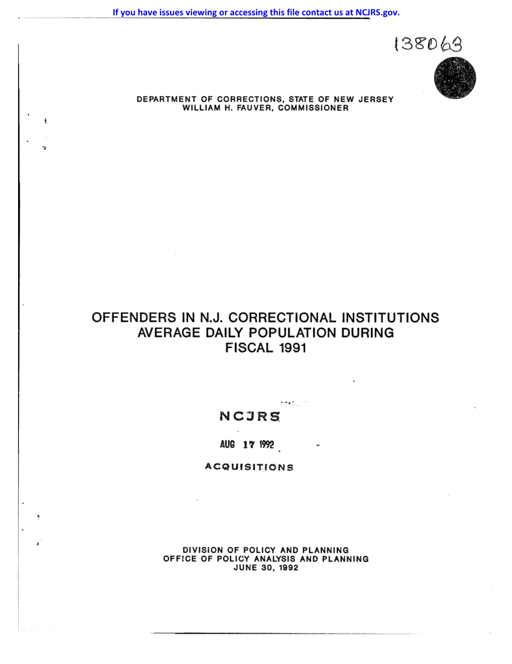 Offenders in N.J. Correctional Institutions Average Daily Population During Fiscal 1991