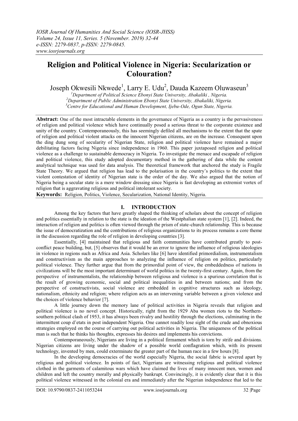 Religion and Political Violence in Nigeria: Secularization Or Colouration?