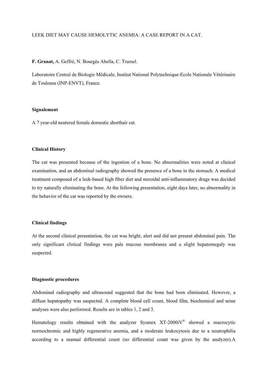 Leek Diet May Cause Hemolytic Anemia: a Case Report in a Cat