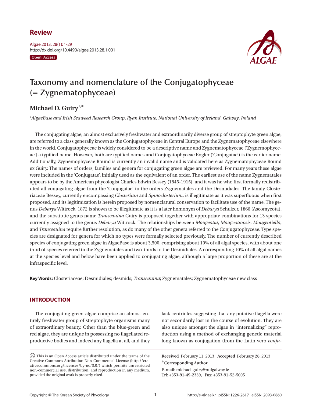 Taxonomy and Nomenclature of the Conjugatophyceae (= Zygnematophyceae)