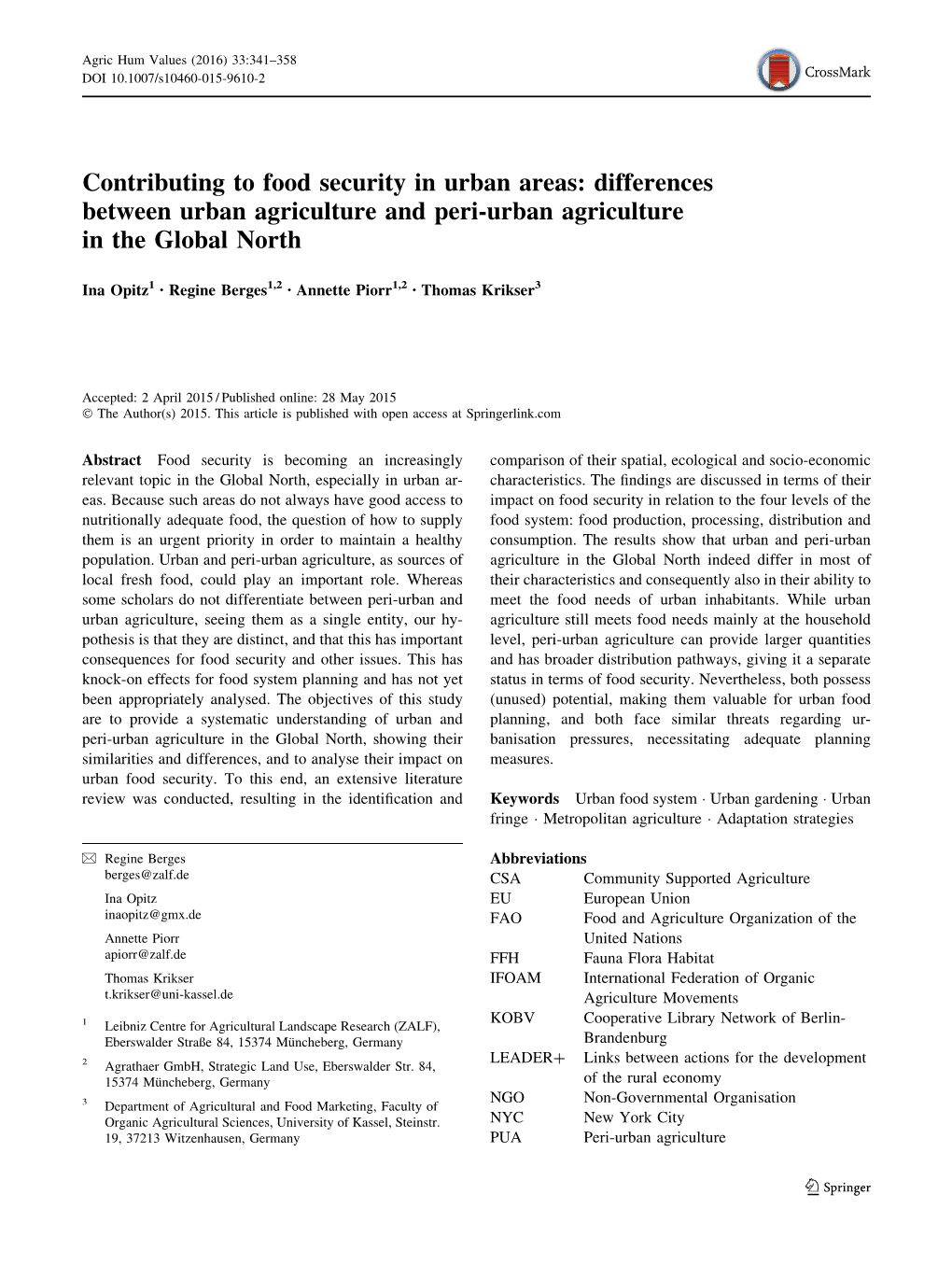 Contributing to Food Security in Urban Areas: Differences Between Urban Agriculture and Peri-Urban Agriculture in the Global North