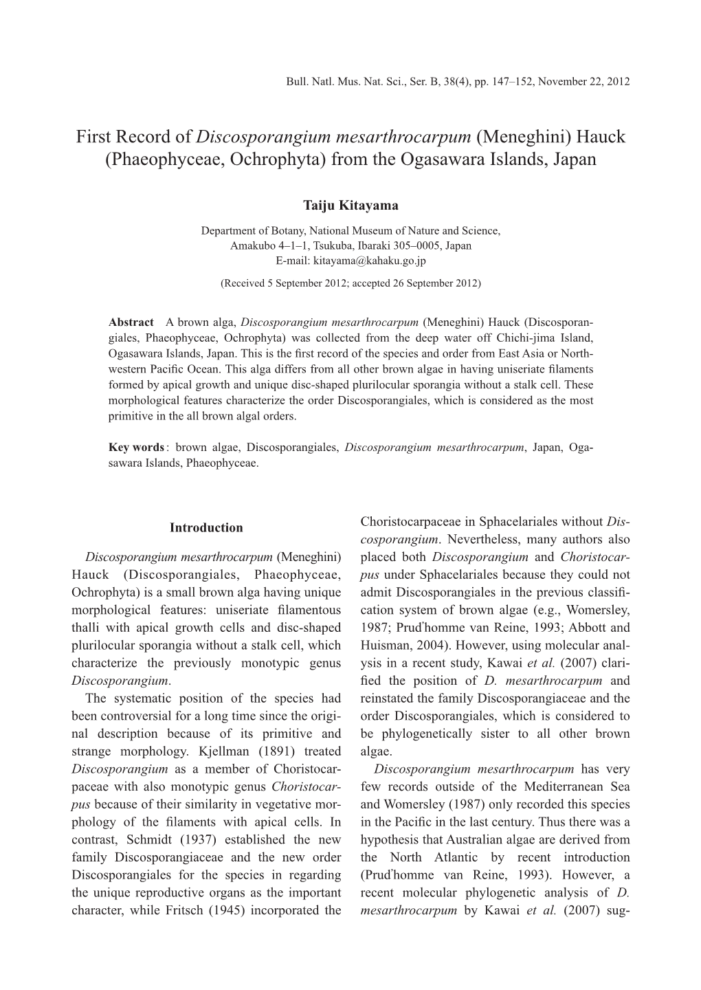 Phaeophyceae, Ochrophyta) from the Ogasawara Islands, Japan