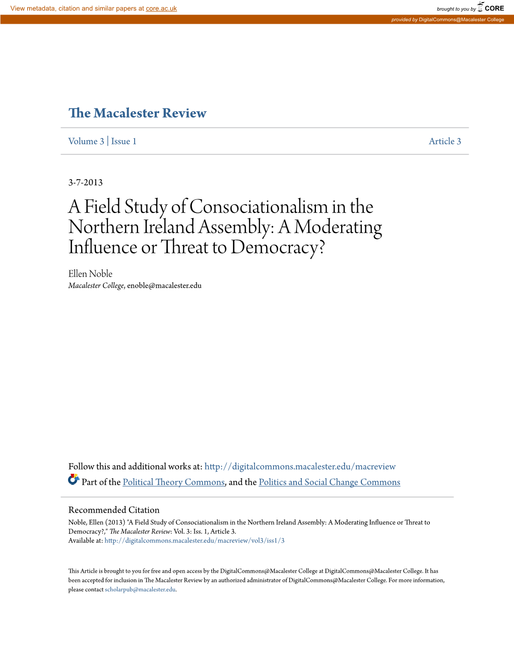 A Field Study of Consociationalism in the Northern Ireland