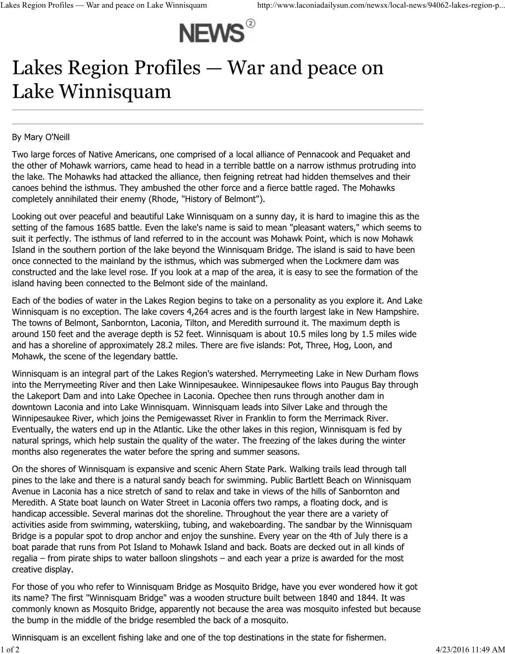 Lakes Region Profiles — War and Peace on Lake Winnisquam