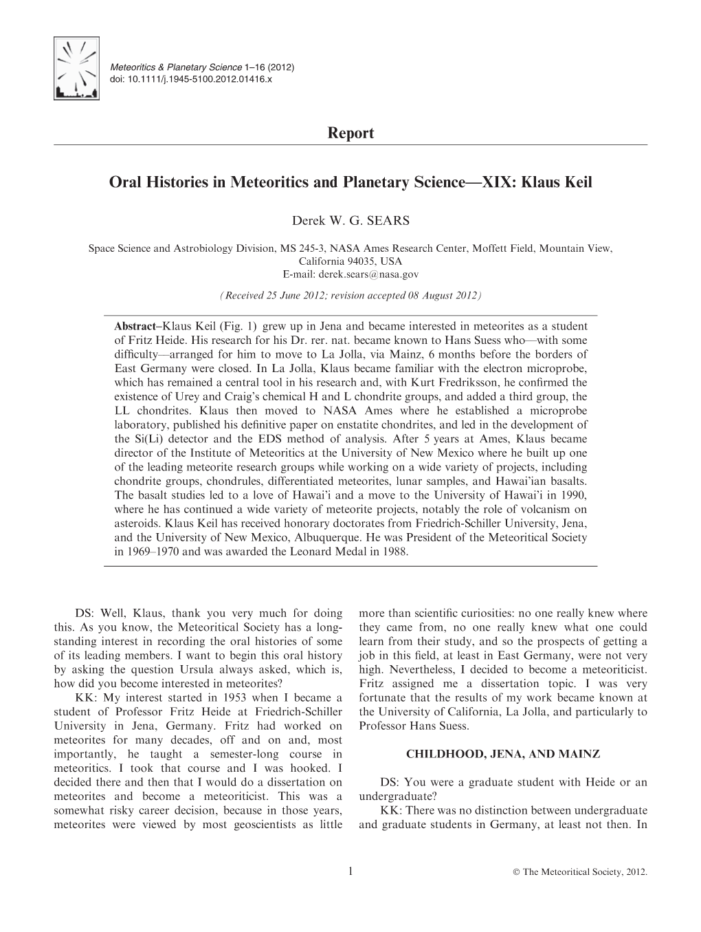 Oral Histories in Meteoritics and Planetary Sciencexix: Klaus Keil