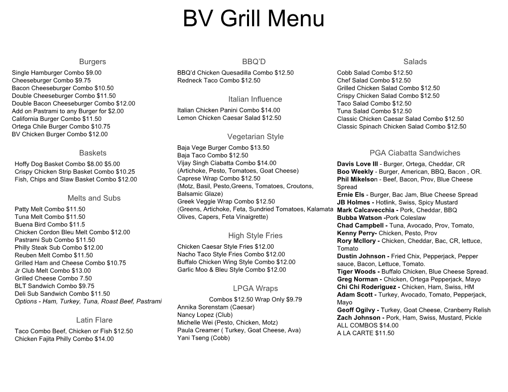 BV Grill Menu