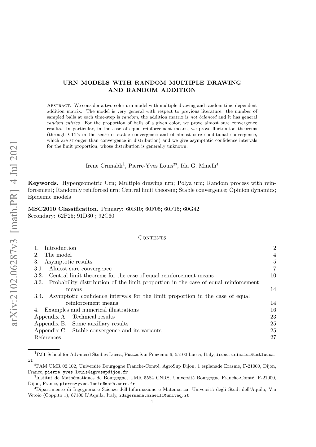 Arxiv:2102.06287V2 [Math.PR] 19 Feb 2021