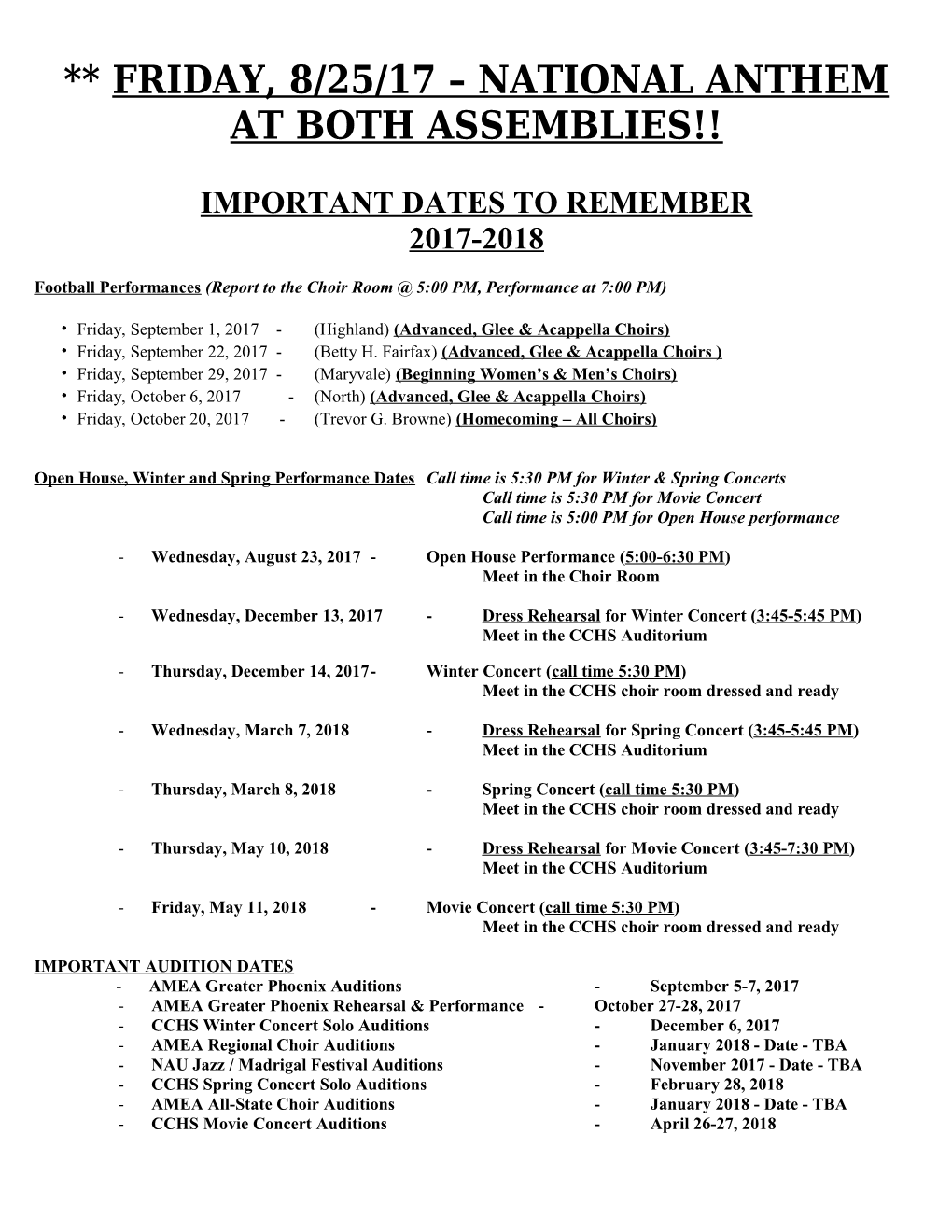 Football Performances (Report to the Choir Room 5:00 PM, Performance at 7:00 PM)