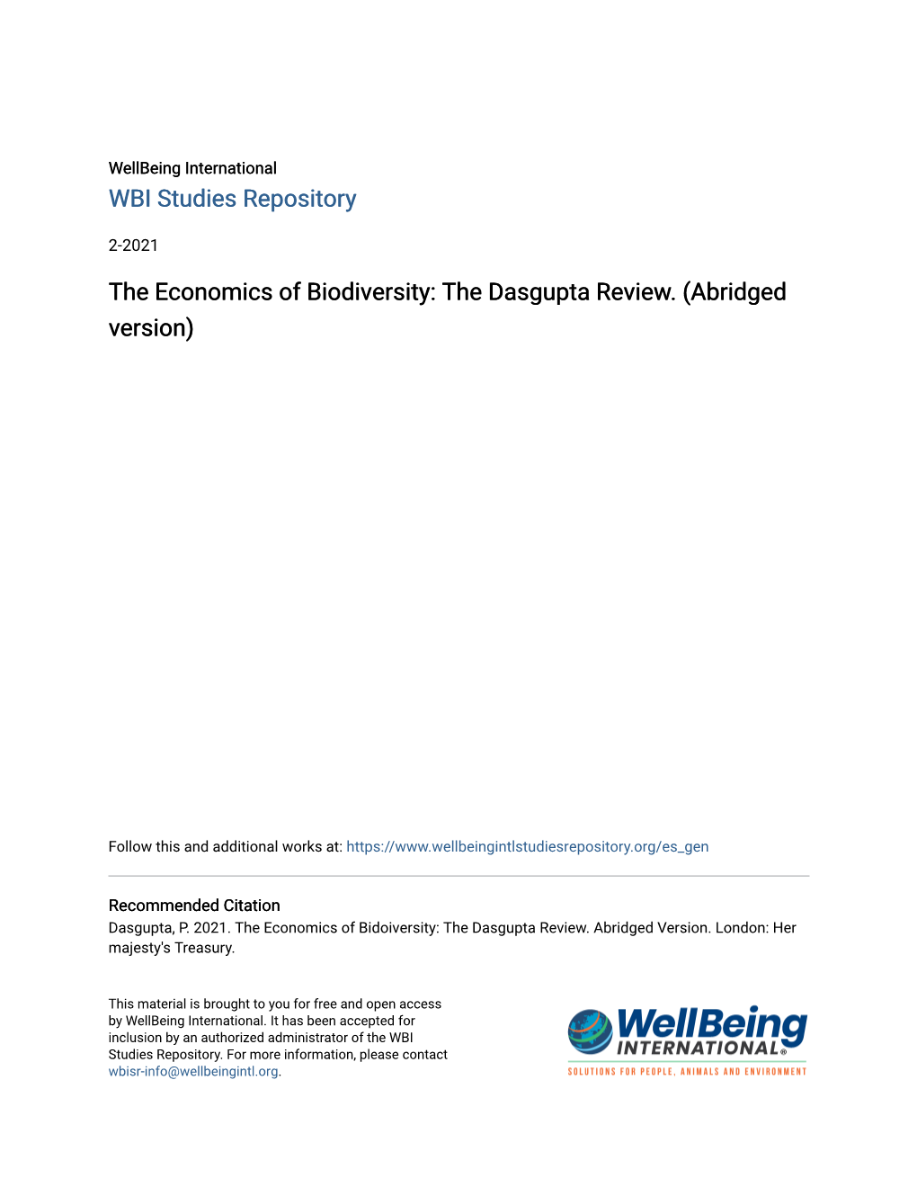 The Economics of Biodiversity: the Dasgupta Review