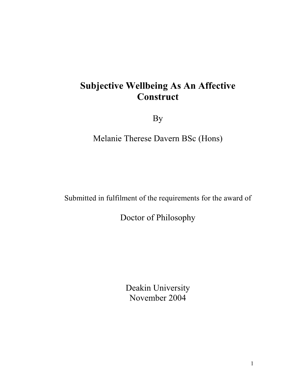 Thesis Entitled: Subjective Wellbeing As an Affective Construct