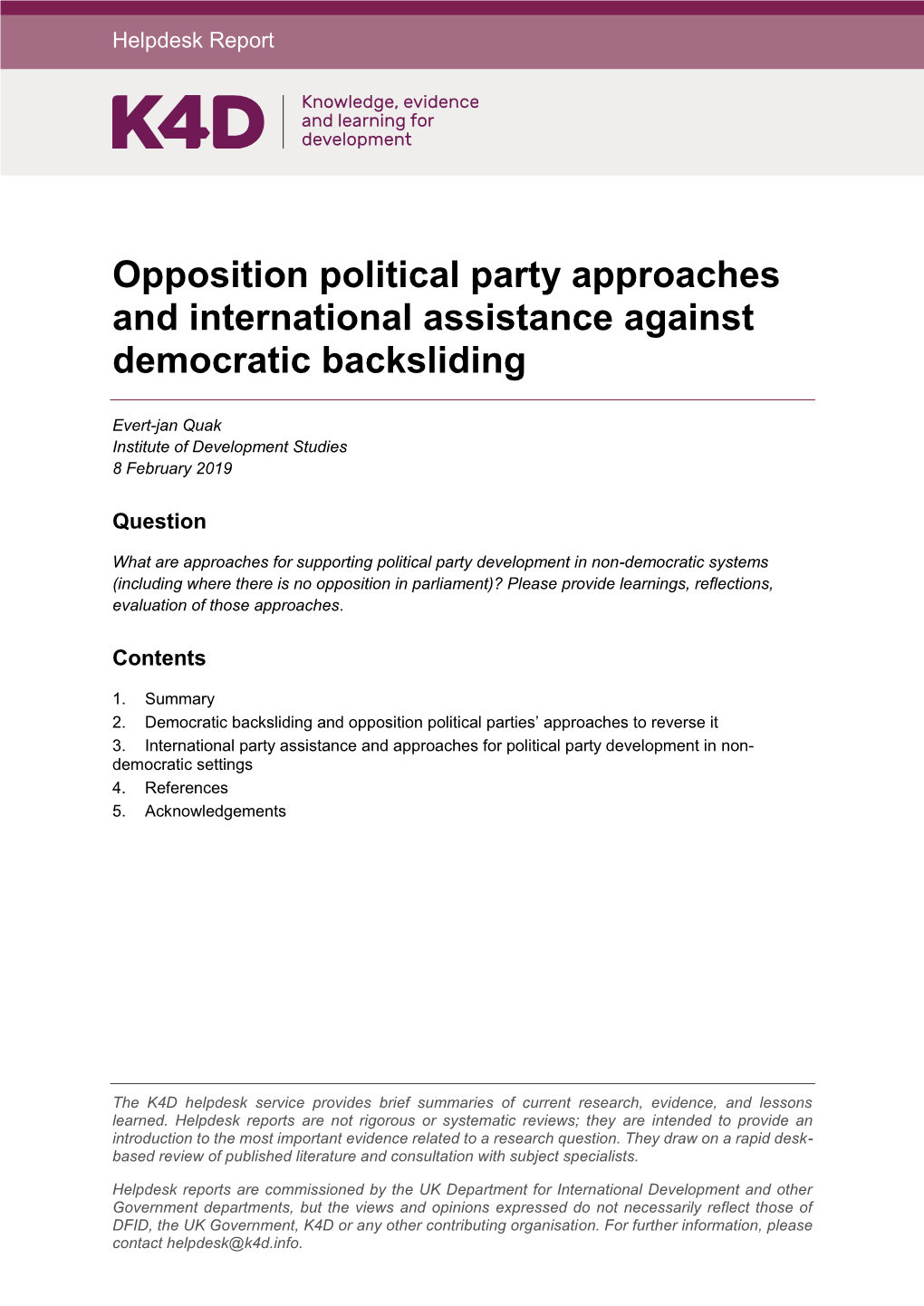 Opposition Political Party Approaches and International Assistance Against Democratic Backsliding