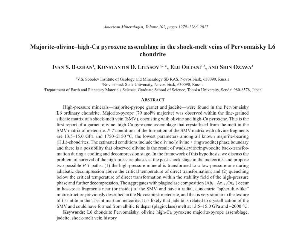 Majorite-Olivine–High-Ca Pyroxene Assemblage in the Shock-Melt Veins of Pervomaisky L6 Chondrite