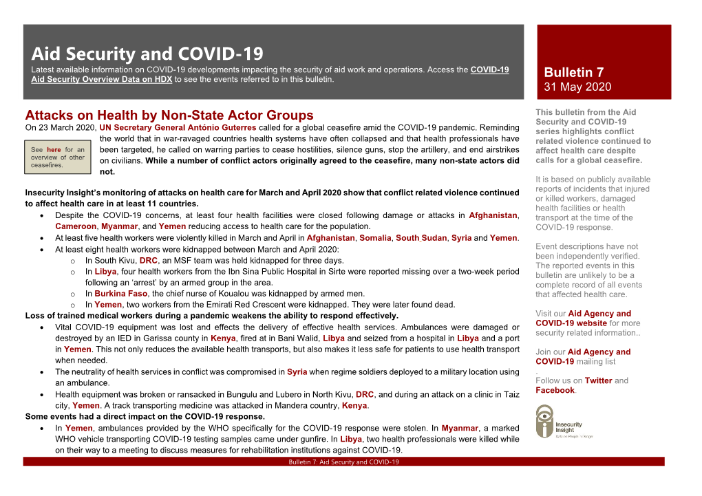 Aid Security and COVID-19 Latest Available Information on COVID-19 Developments Impacting the Security of Aid Work and Operations