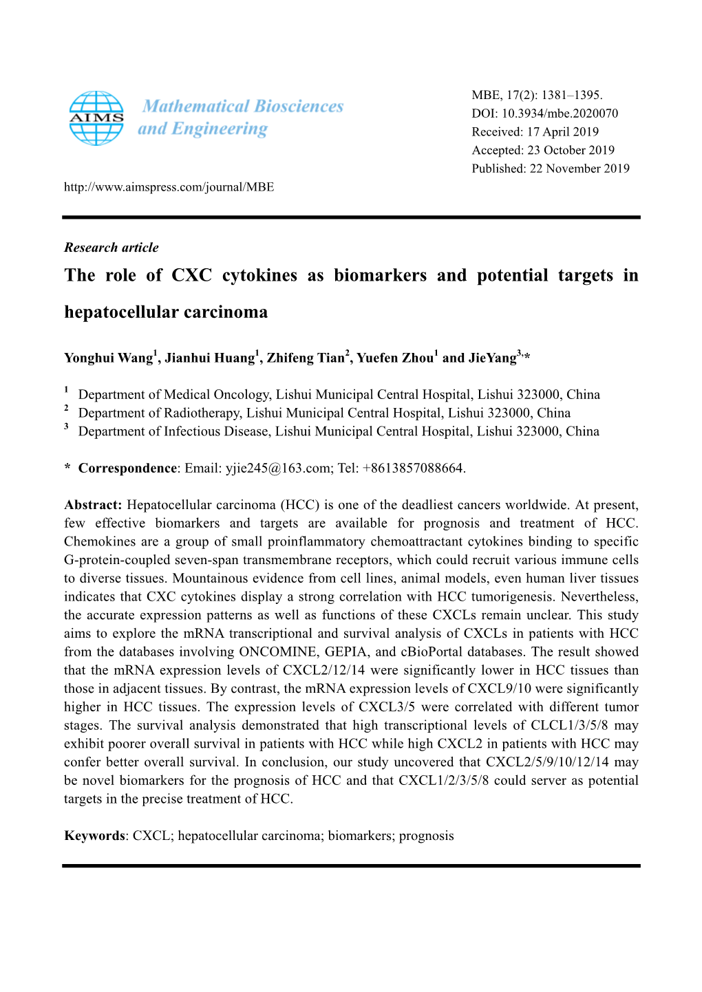 The Role of CXC Cytokines As Biomarkers and Potential Targets in Hepatocellular Carcinoma