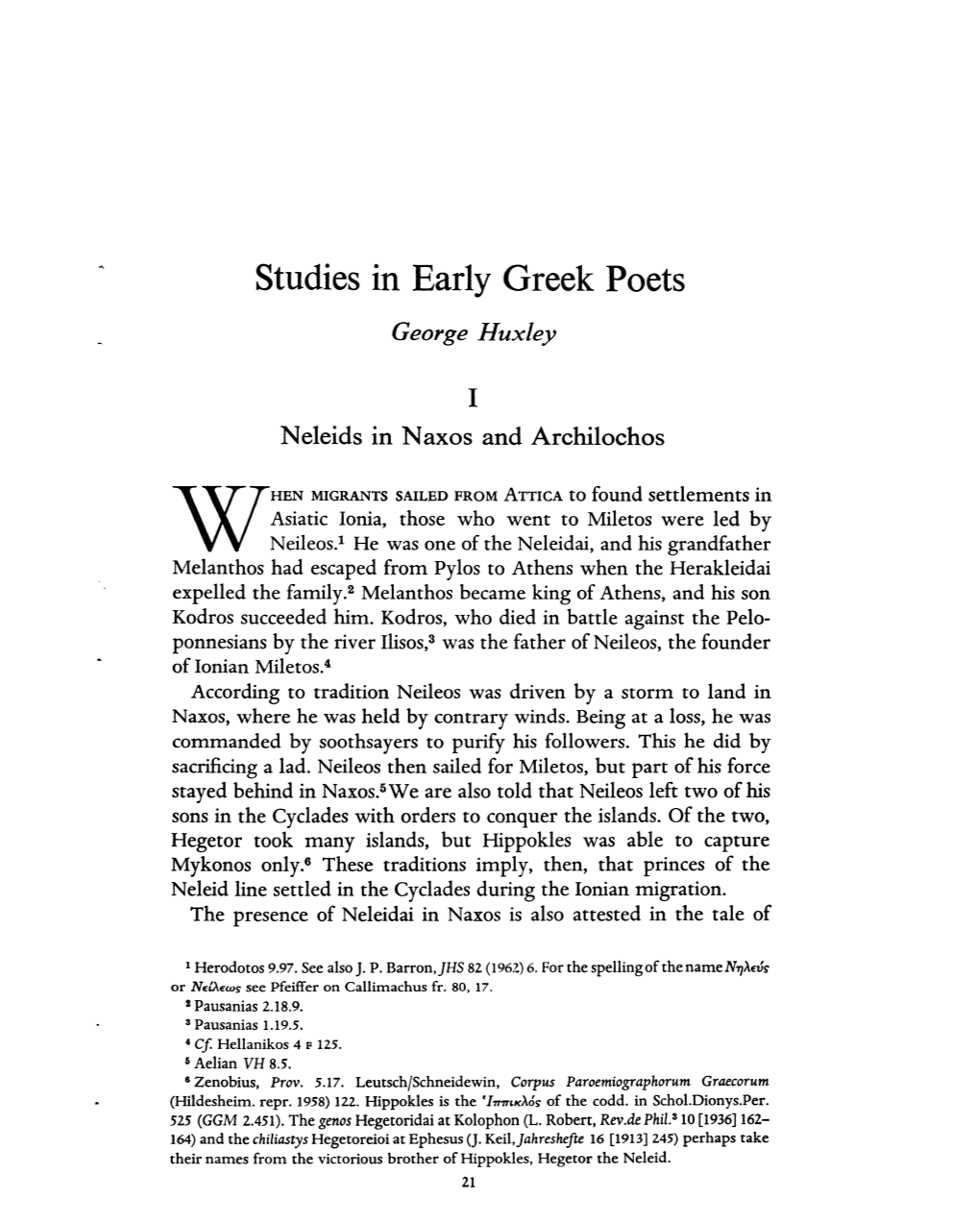 Studies in Early Greek Poets George Huxley