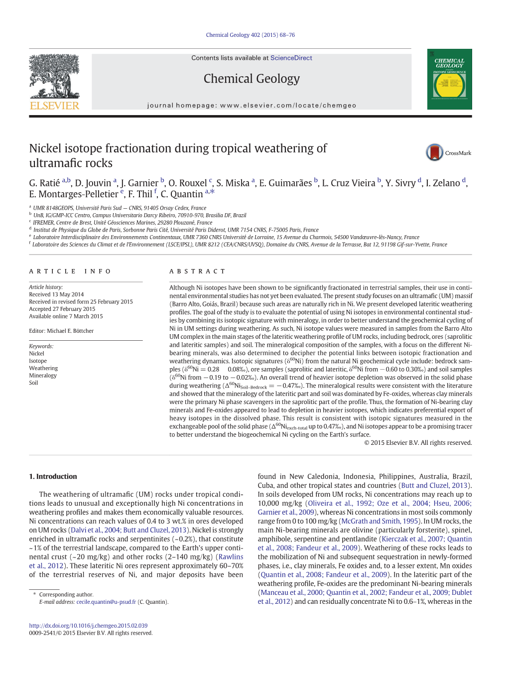 Nickel Isotope Fractionation During Tropical Weathering of Ultramafic Rocks