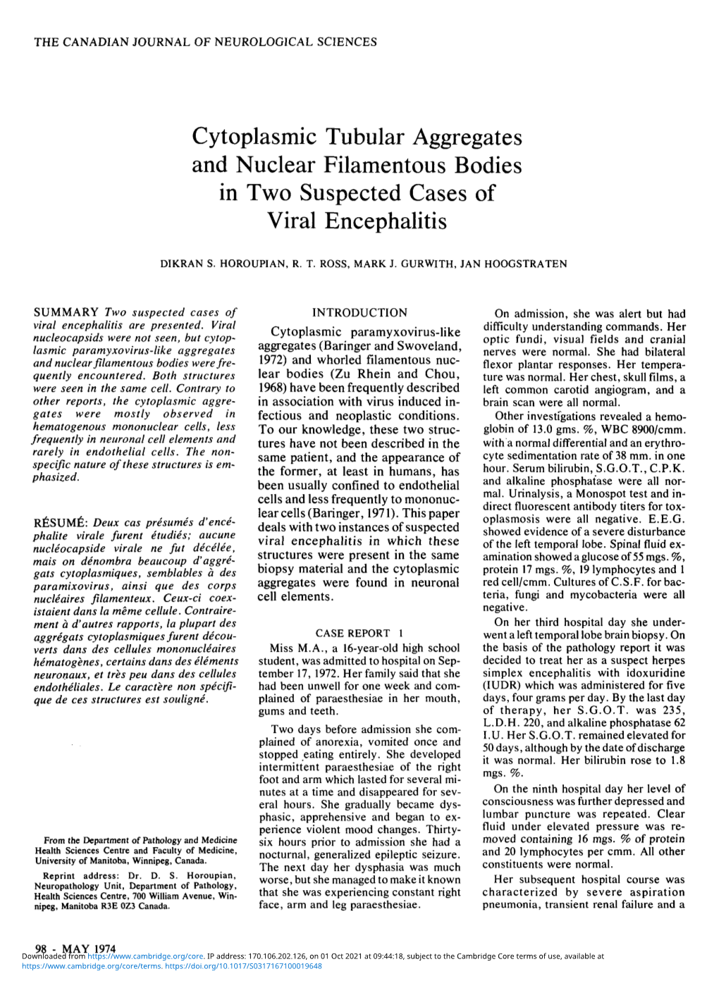 Cytoplasmic Tubular Aggregates and Nuclear Filamentous Bodies in Two Suspected Cases of Viral Encephalitis