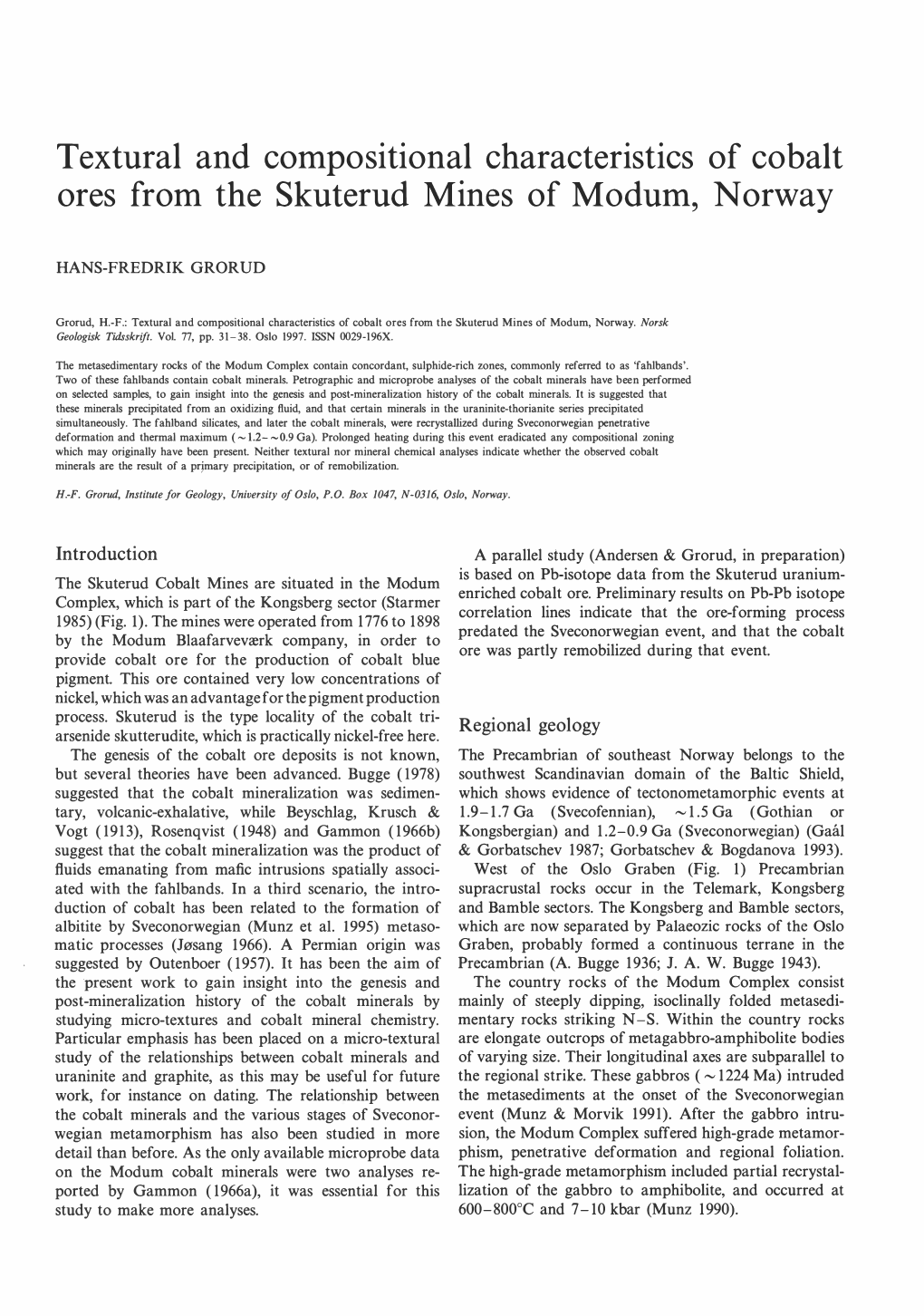 Textural and Compositional Characteristics of Cobalt Ores from the Skuterud Mines of Modum, Norway