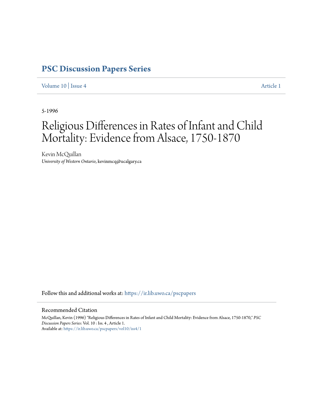 Religious Differences in Rates of Infant and Child Mortality: Evidence from Alsace, 1750-1870 Kevin Mcquillan University of Western Ontario, Kevinmcq@Ucalgary.Ca