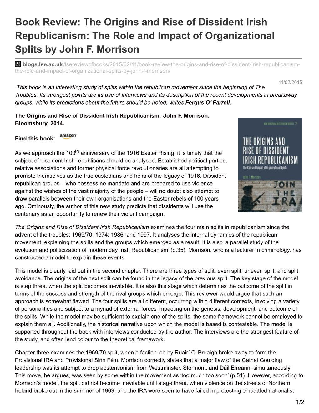 Book Review: the Origins and Rise of Dissident Irish Republicanism: the Role and Impact of Organizational Splits by John F