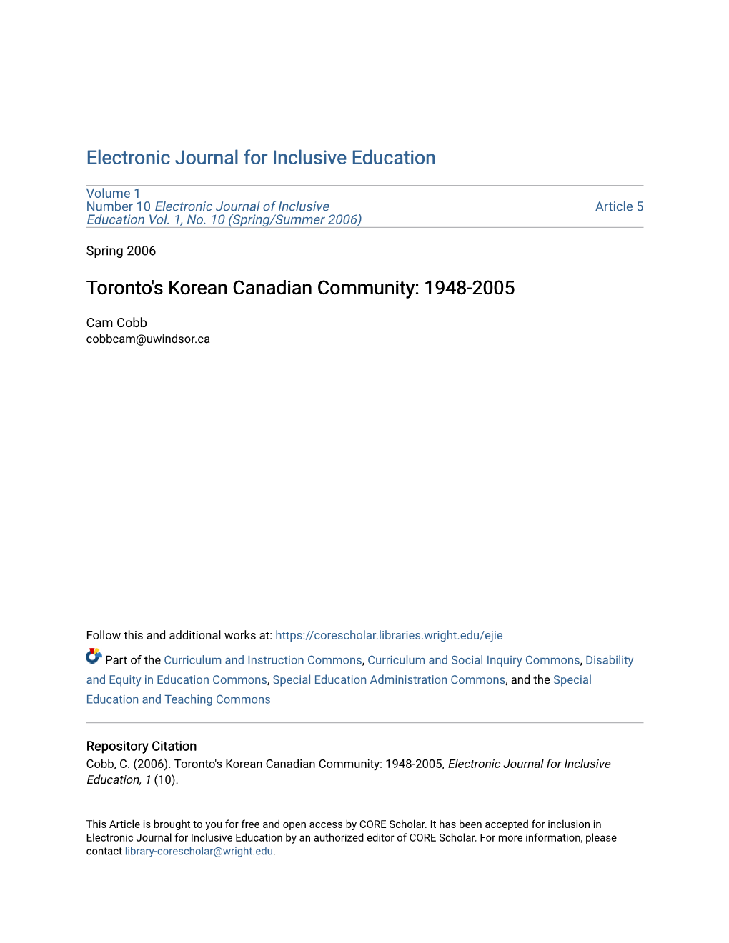 Toronto's Korean Canadian Community: 1948-2005