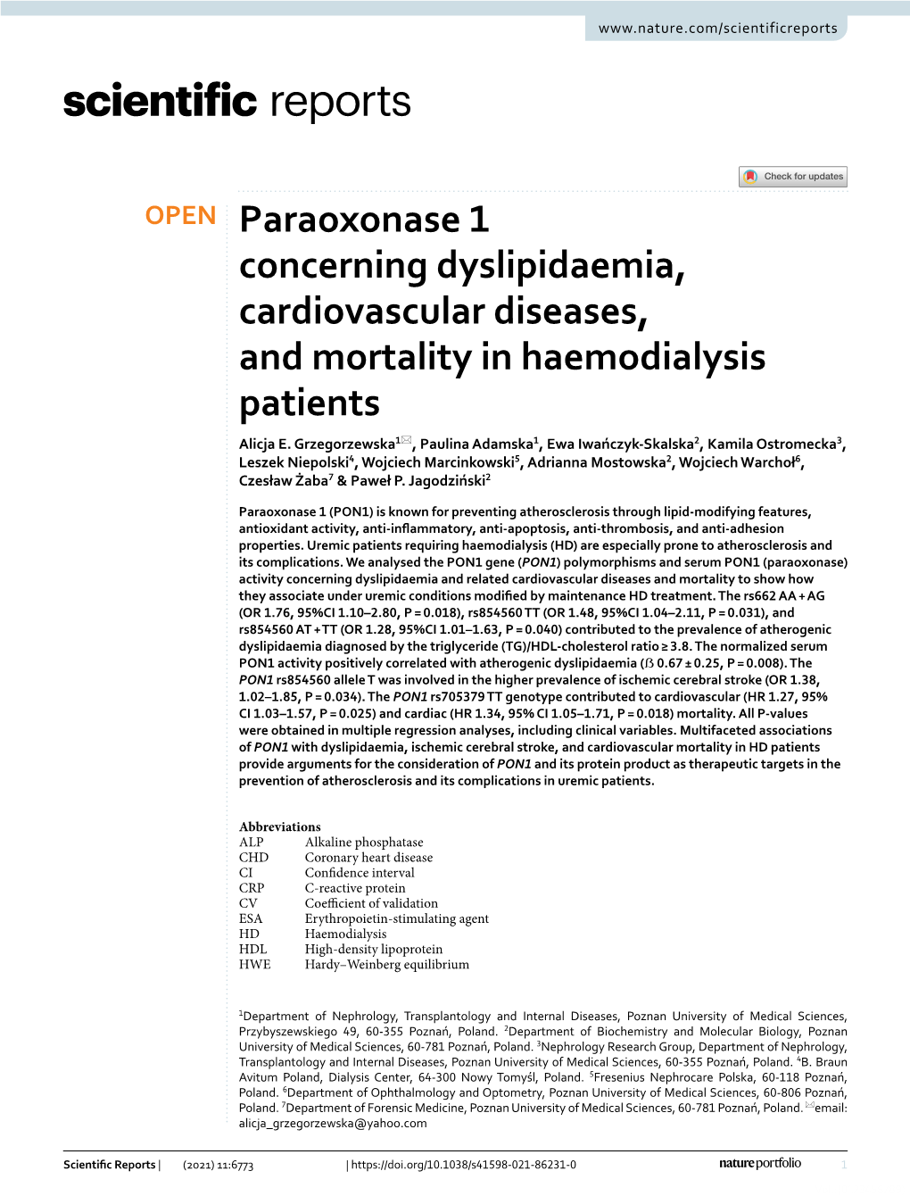 Paraoxonase 1 Concerning Dyslipidaemia, Cardiovascular Diseases, and Mortality in Haemodialysis Patients Alicja E