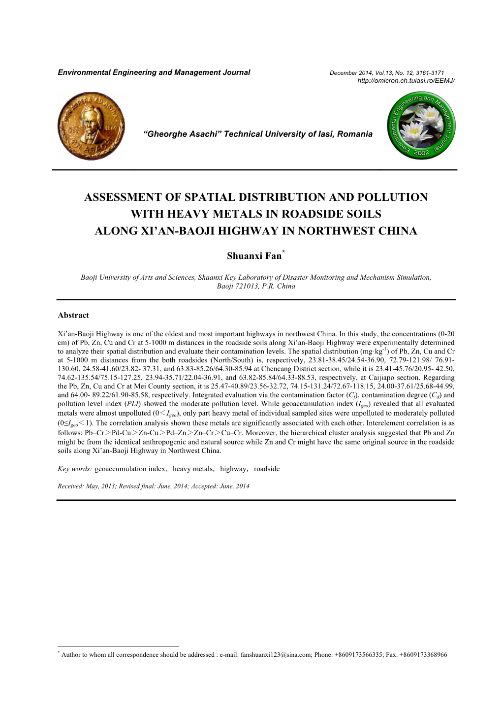 Assessment of Spatial Distribution and Pollution with Heavy Metals in Roadside Soils Along Xi’An-Baoji Highway in Northwest China