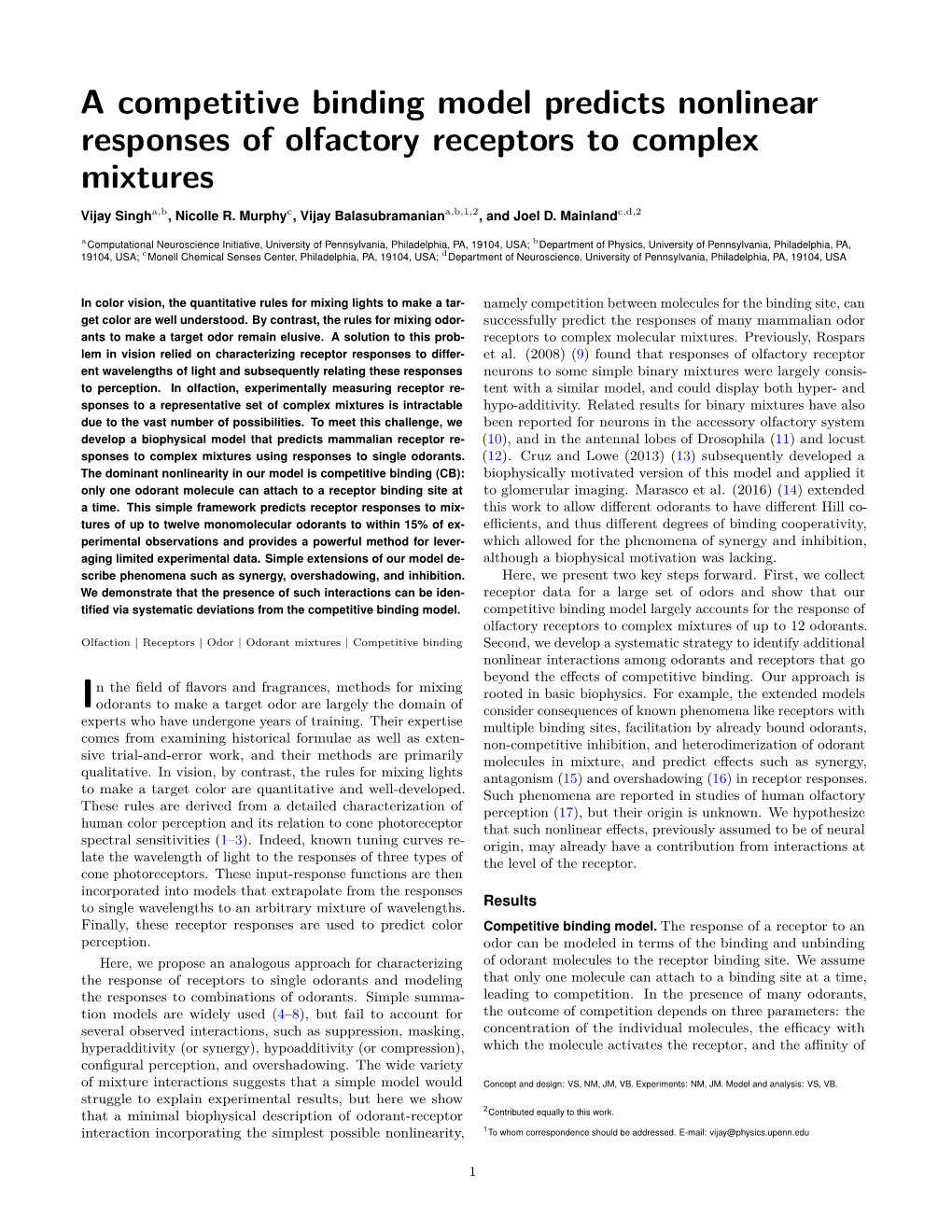 A Competitive Binding Model Predicts Nonlinear Responses of Olfactory Receptors to Complex Mixtures Vijay Singha,B, Nicolle R