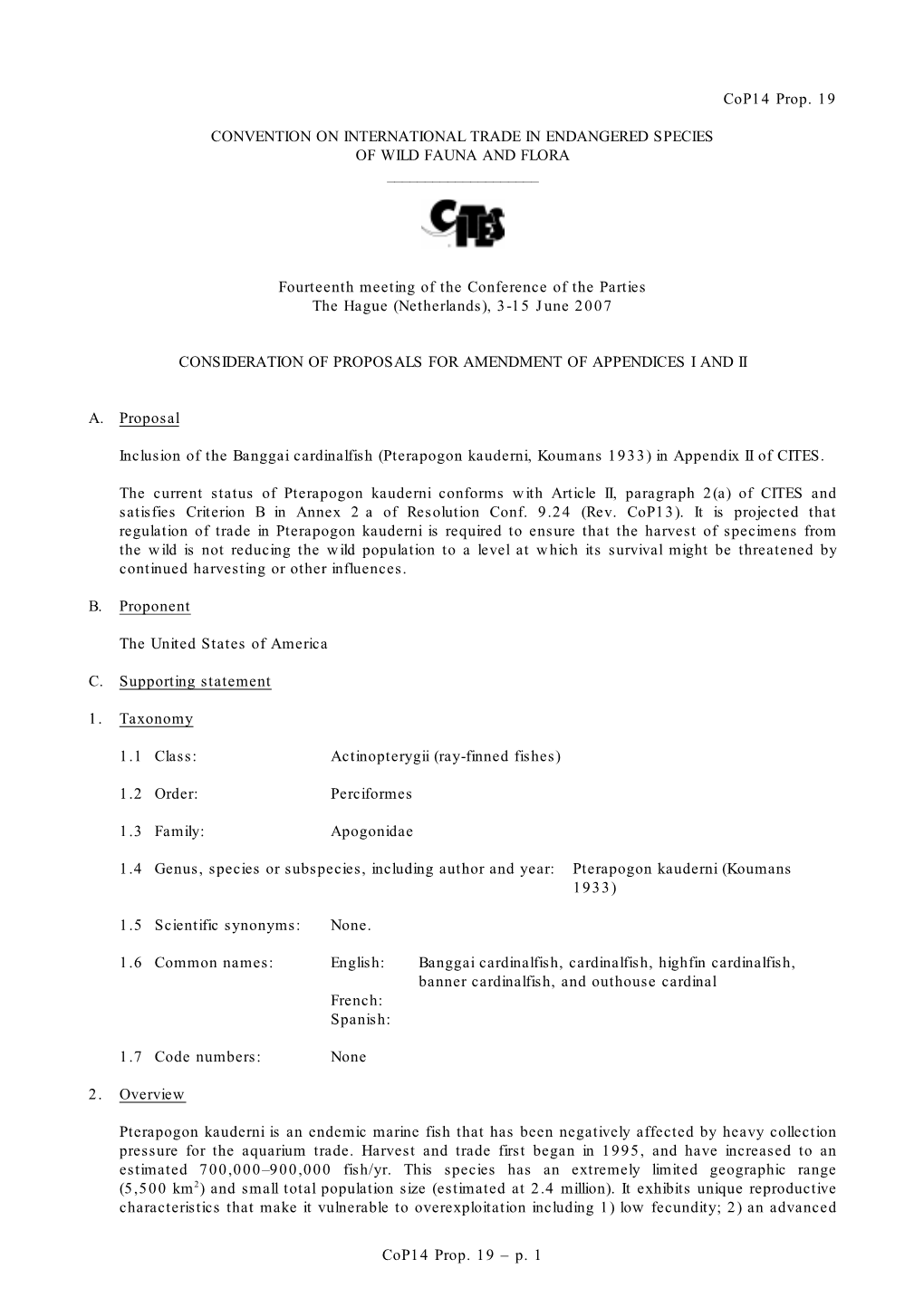 P. 1 Cop14 Prop. 19 CONVENTION on INTERNATIONAL TRADE IN