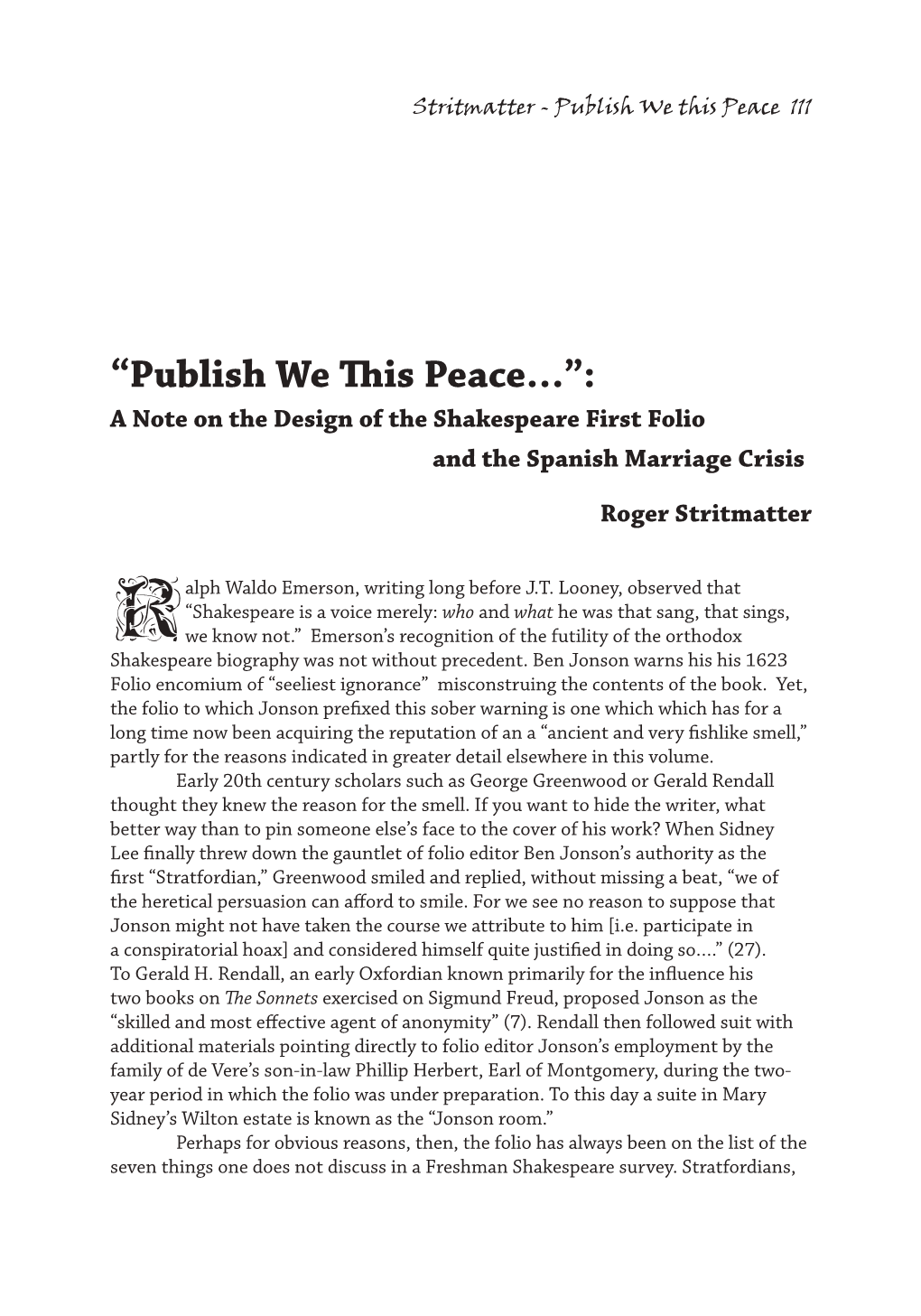 “Publish We This Peace…”: a Note on the Design of the Shakespeare First Folio and the Spanish Marriage Crisis