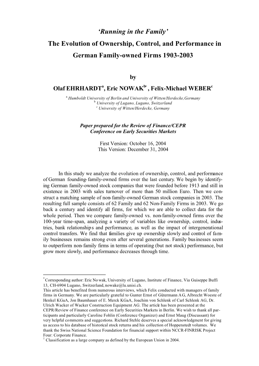 The Evolution of Ownership, Control, and Performance in German Family-Owned Firms 1903-2003