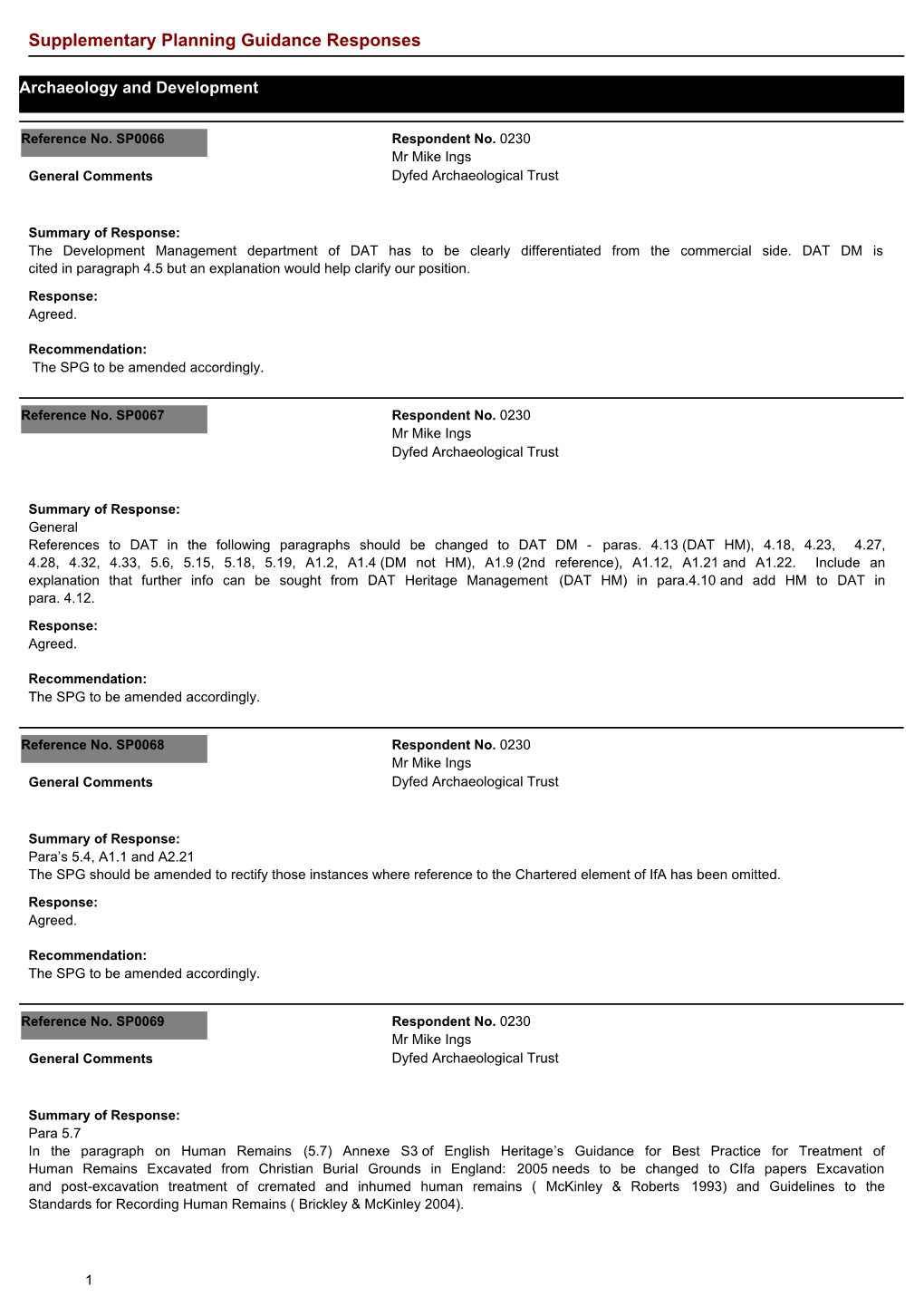 Supplementary Planning Guidance Responses