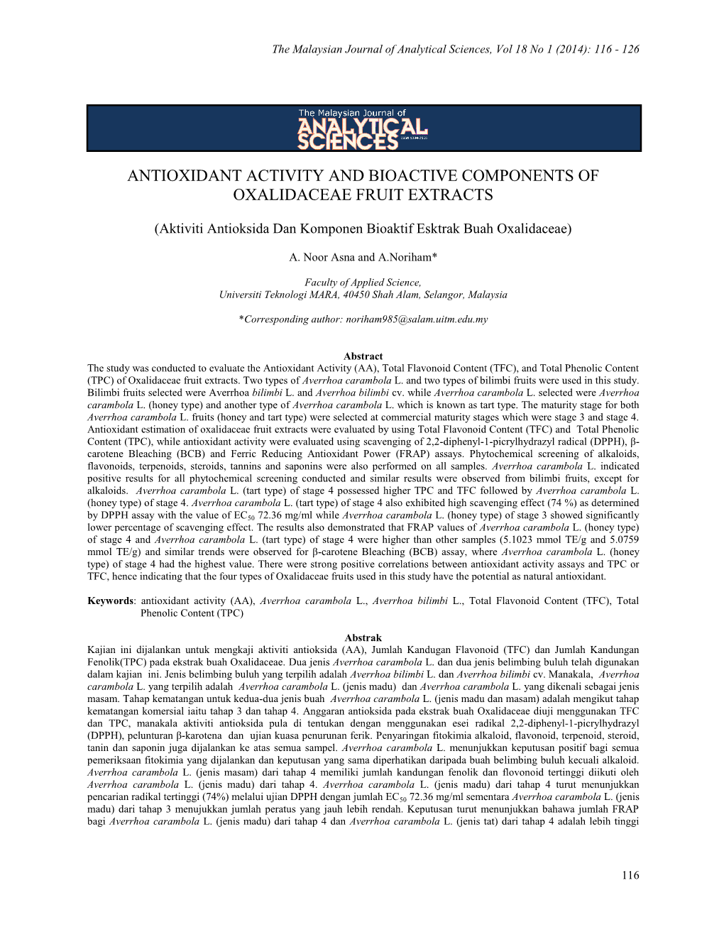 Antioxidant Activity and Bioactive Components of Oxalidaceae Fruit Extracts