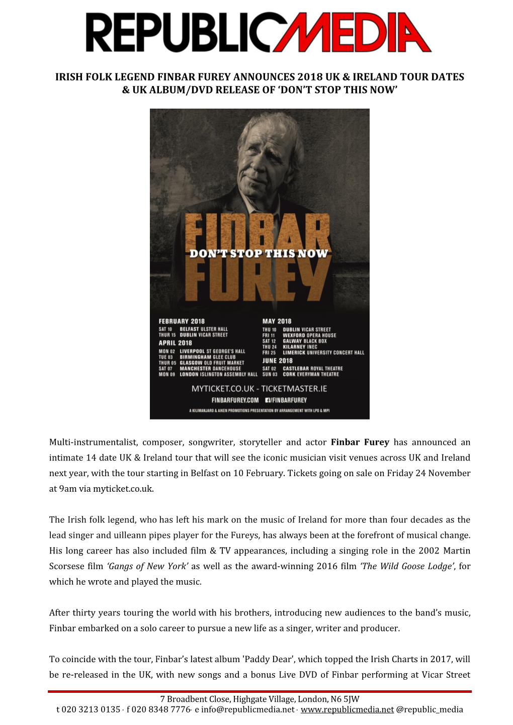 Irish Folk Legend Finbar Furey Announces 2018 Uk & Ireland Tour Dates & Uk Album/Dvd Release of ‘Don’T Stop This Now’