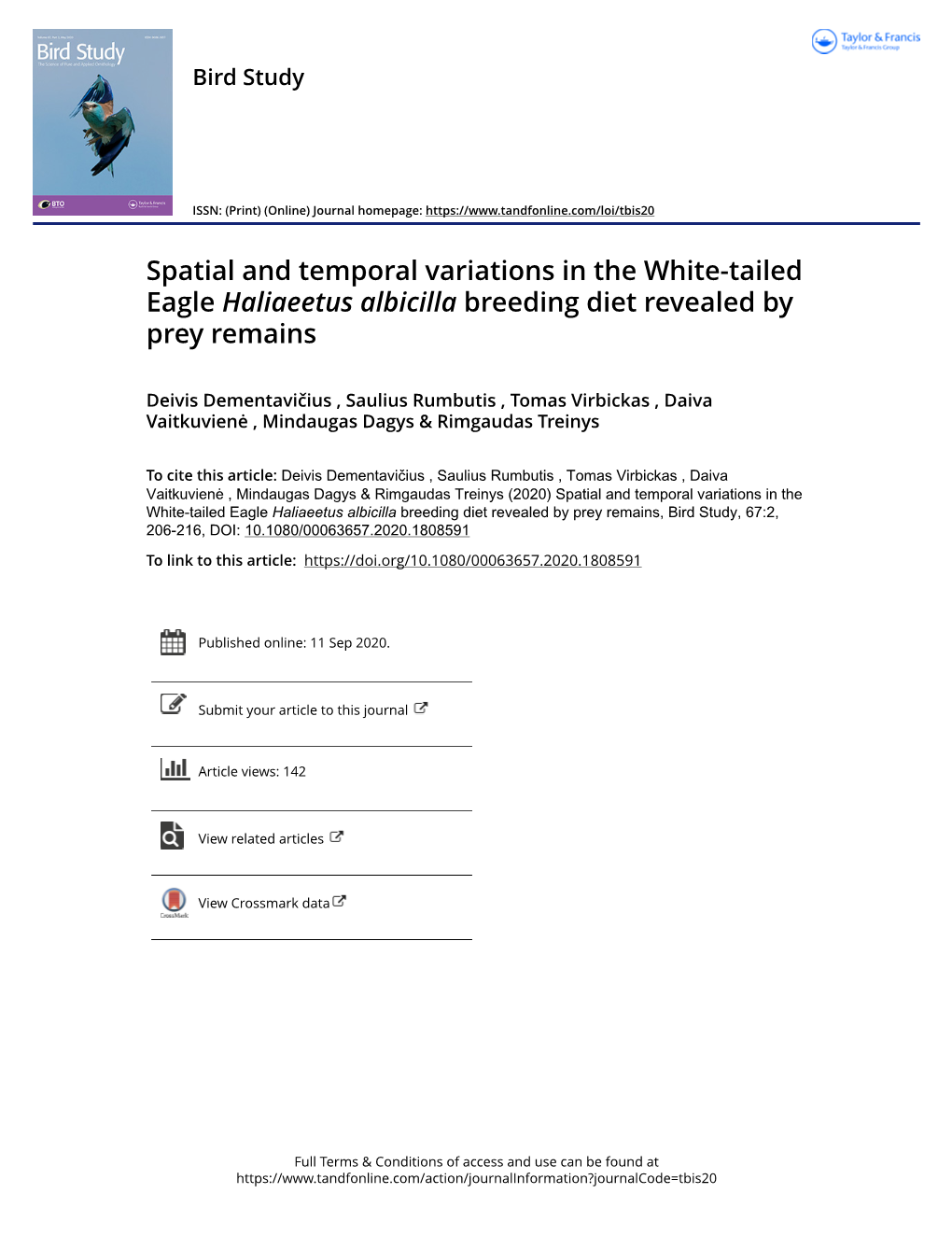 Spatial and Temporal Variations in the White-Tailed Eagle Haliaeetus Albicilla Breeding Diet Revealed by Prey Remains