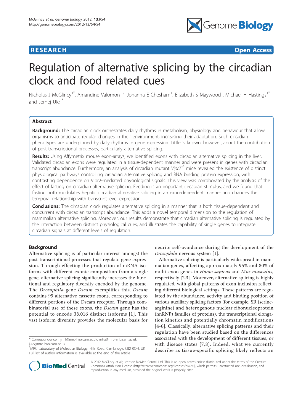 Regulation of Alternative Splicing by the Circadian Clock and Food Related