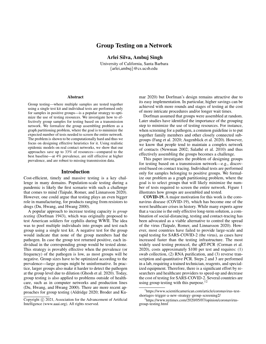 Group Testing on a Network