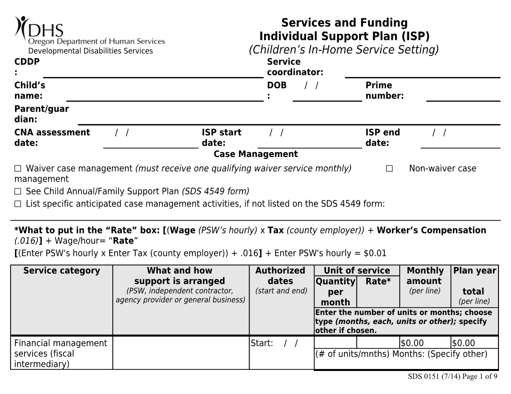 Services and Fundingindividual Support Plan (ISP)(Children S In-Home Services)