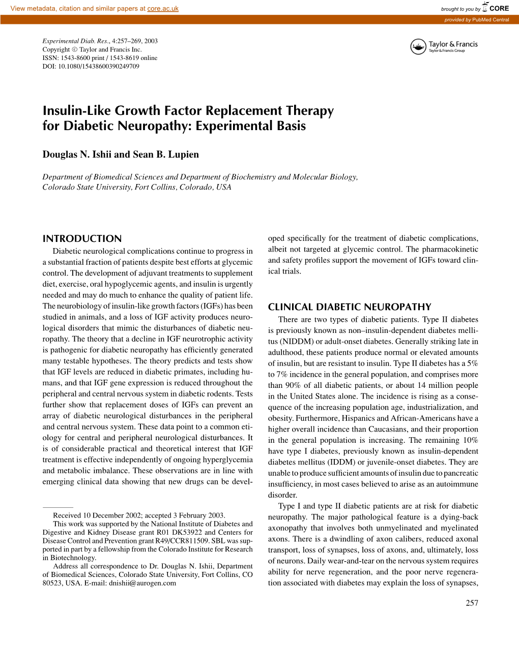 Insulin-Like Growth Factor Replacement Therapy for Diabetic Neuropathy: Experimental Basis