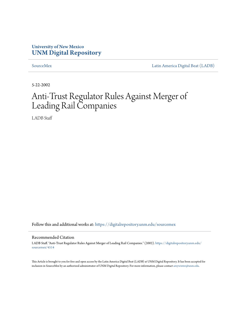 Anti-Trust Regulator Rules Against Merger of Leading Rail Companies LADB Staff