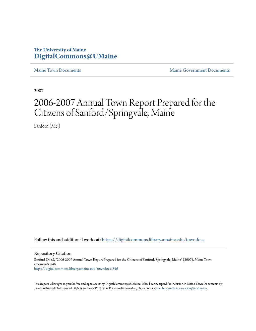 2006-2007 Annual Town Report Prepared for the Citizens of Sanford/Springvale, Maine Sanford (Me.)