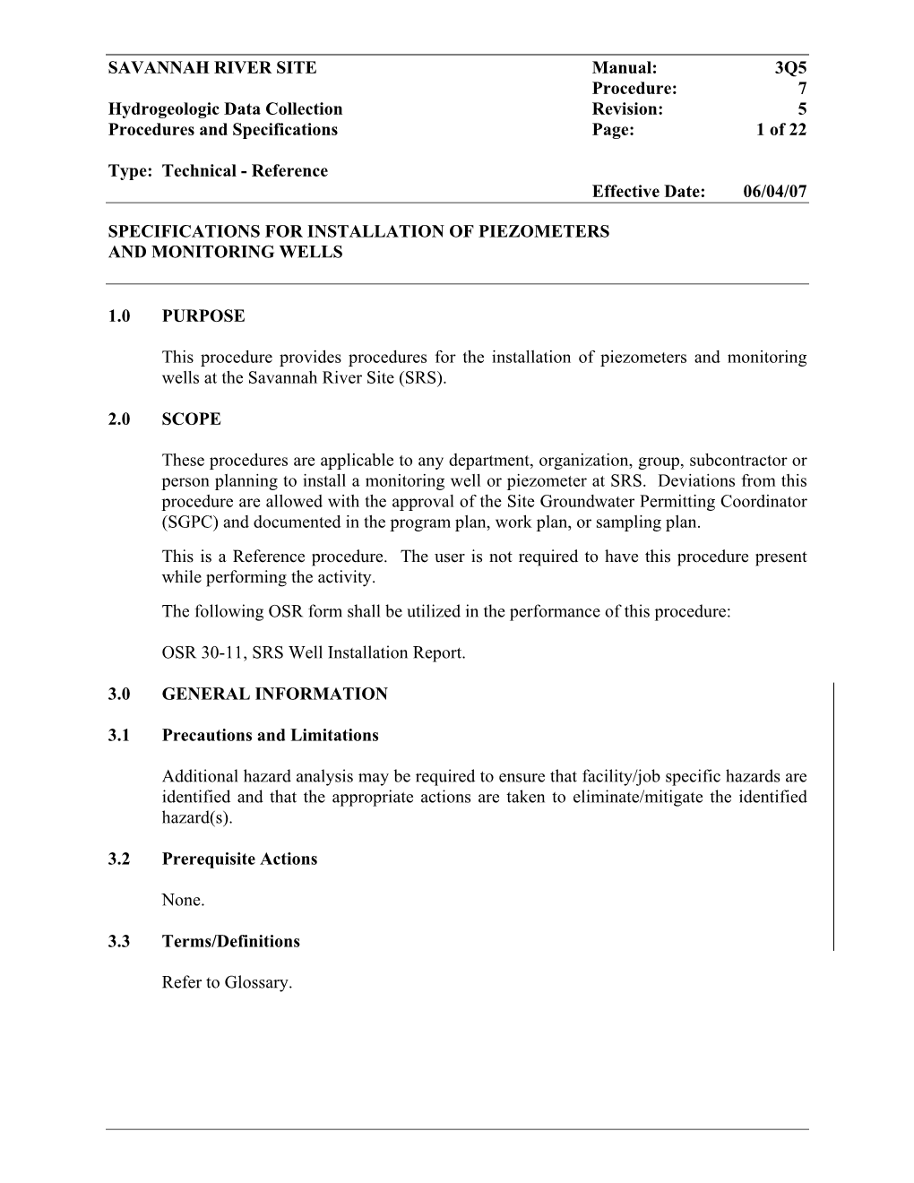 Specifications for Installation of Piezometers and Monitoring Wells