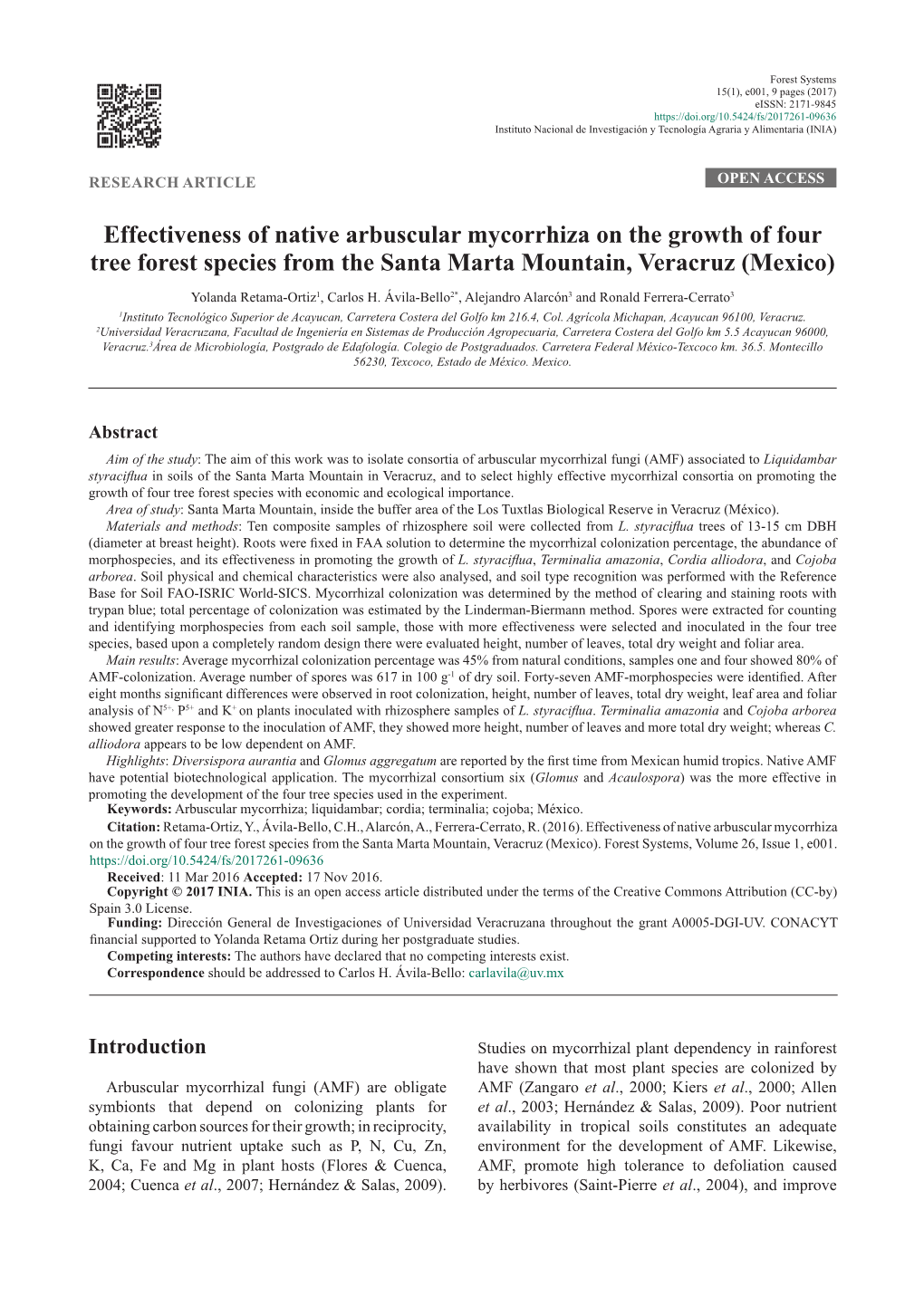 Effectiveness of Native Arbuscular Mycorrhiza on the Growth of Four