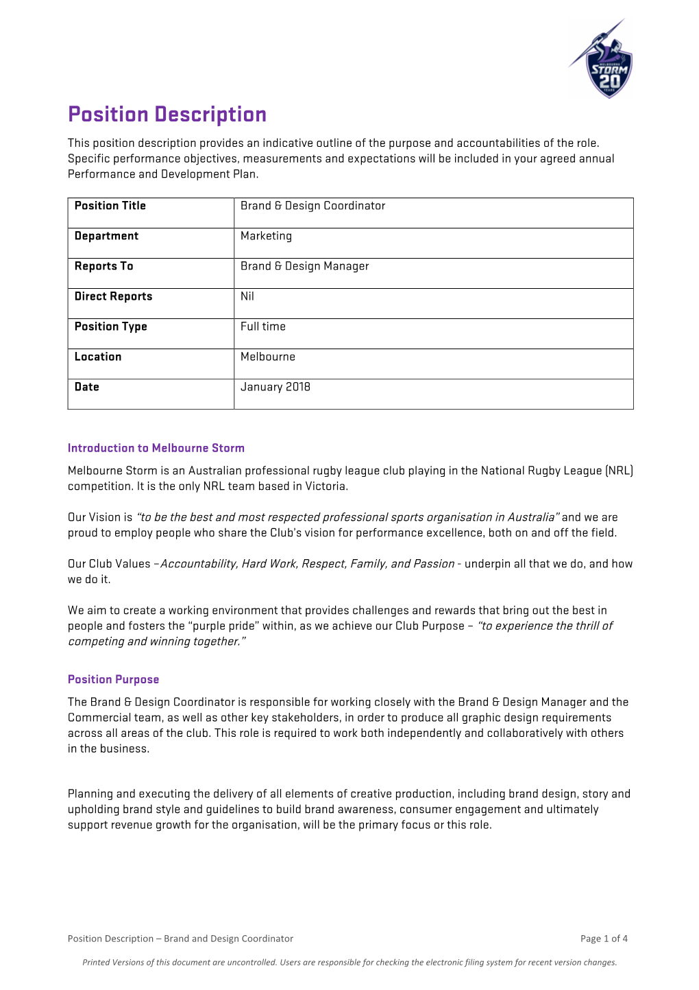 Position Description This Position Description Provides an Indicative Outline of the Purpose and Accountabilities of the Role