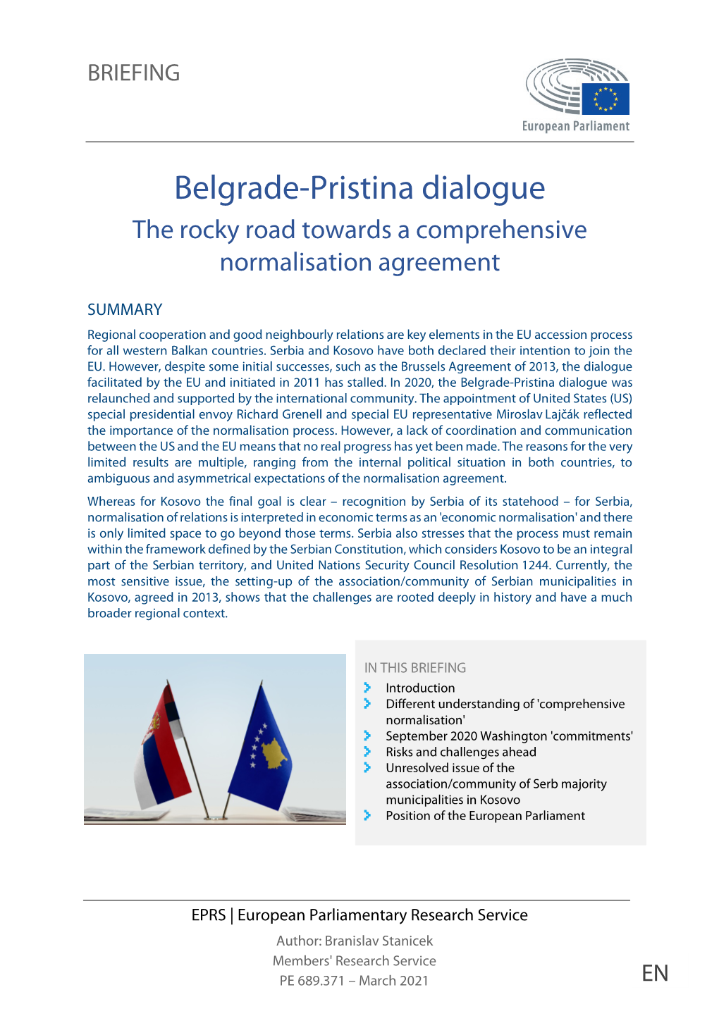 Belgrade-Pristina Dialogue the Rocky Road Towards a Comprehensive Normalisation Agreement