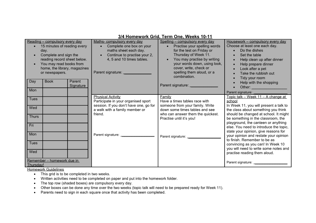 King Parrots Homework Grid, Term One, Weeks 9-10 Years 4 & 5