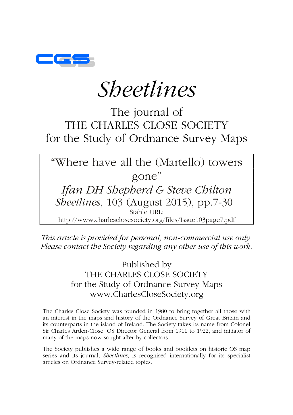 Martello) Towers Gone” Ifan DH Shepherd & Steve Chilton Sheetlines, 103 (August 2015), Pp.7-30 Stable URL