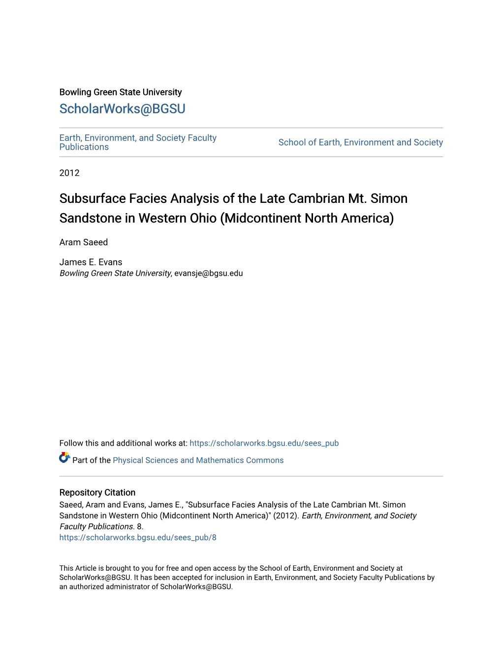 Subsurface Facies Analysis of the Late Cambrian Mt. Simon Sandstone in Western Ohio (Midcontinent North America)